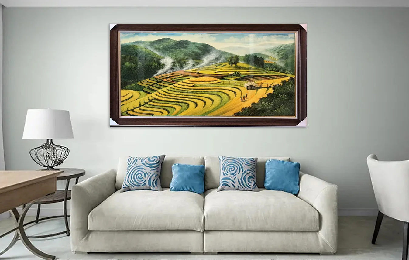 Tranh ruộng bậc thang mùa lúa chín tranh sơn dầu phong cảnh ruộng bậc thang