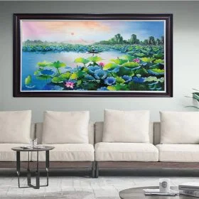 Tranh hoa sen 3D tranh sơn dầu hoa sen đẹp treo phòng khách