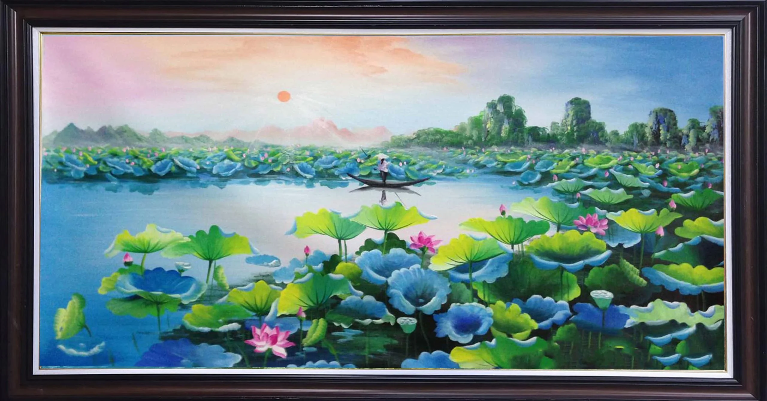 Tranh hoa sen 3D tranh sơn dầu hoa sen đẹp treo phòng khách