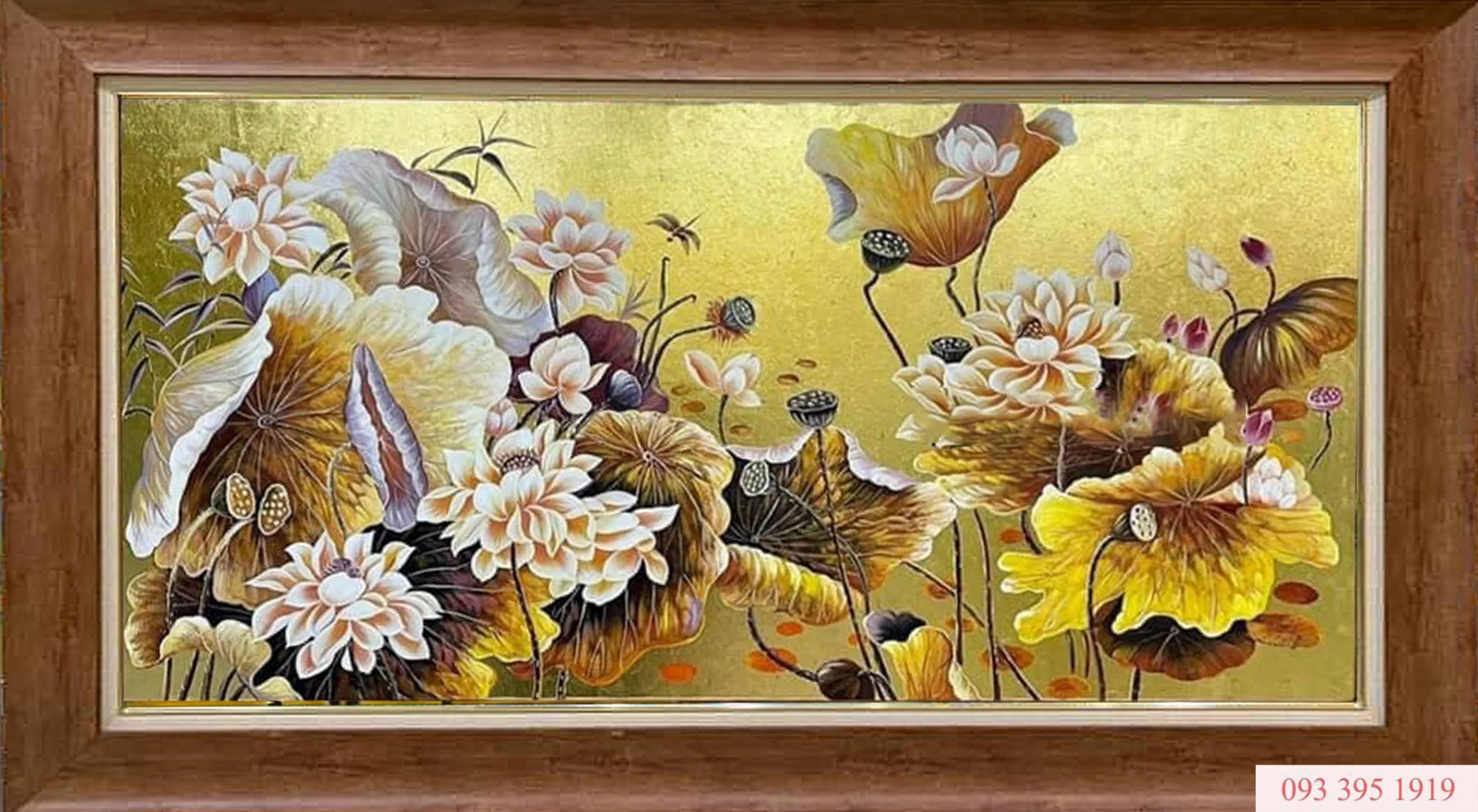 Tranh hoa sen dát vàng tranh sơn dầu hoa sen dát vàng sang trọng