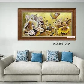 Tranh hoa sen dát vàng tranh sơn dầu hoa sen dát vàng sang trọng