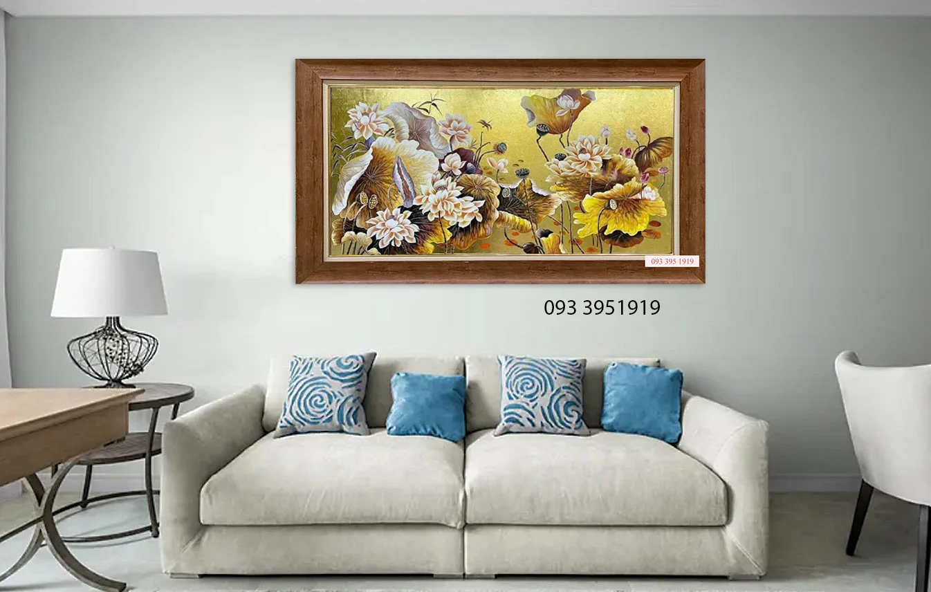Tranh hoa sen dát vàng tranh sơn dầu hoa sen dát vàng sang trọng